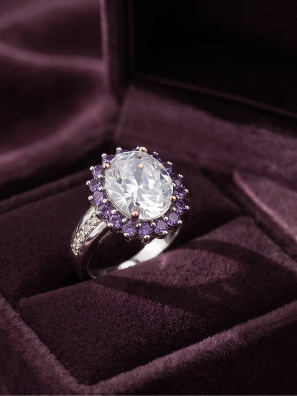 Vintage Inspired Oval Cut CZ Center With Purple Accents Size 7-3/4 NEW
